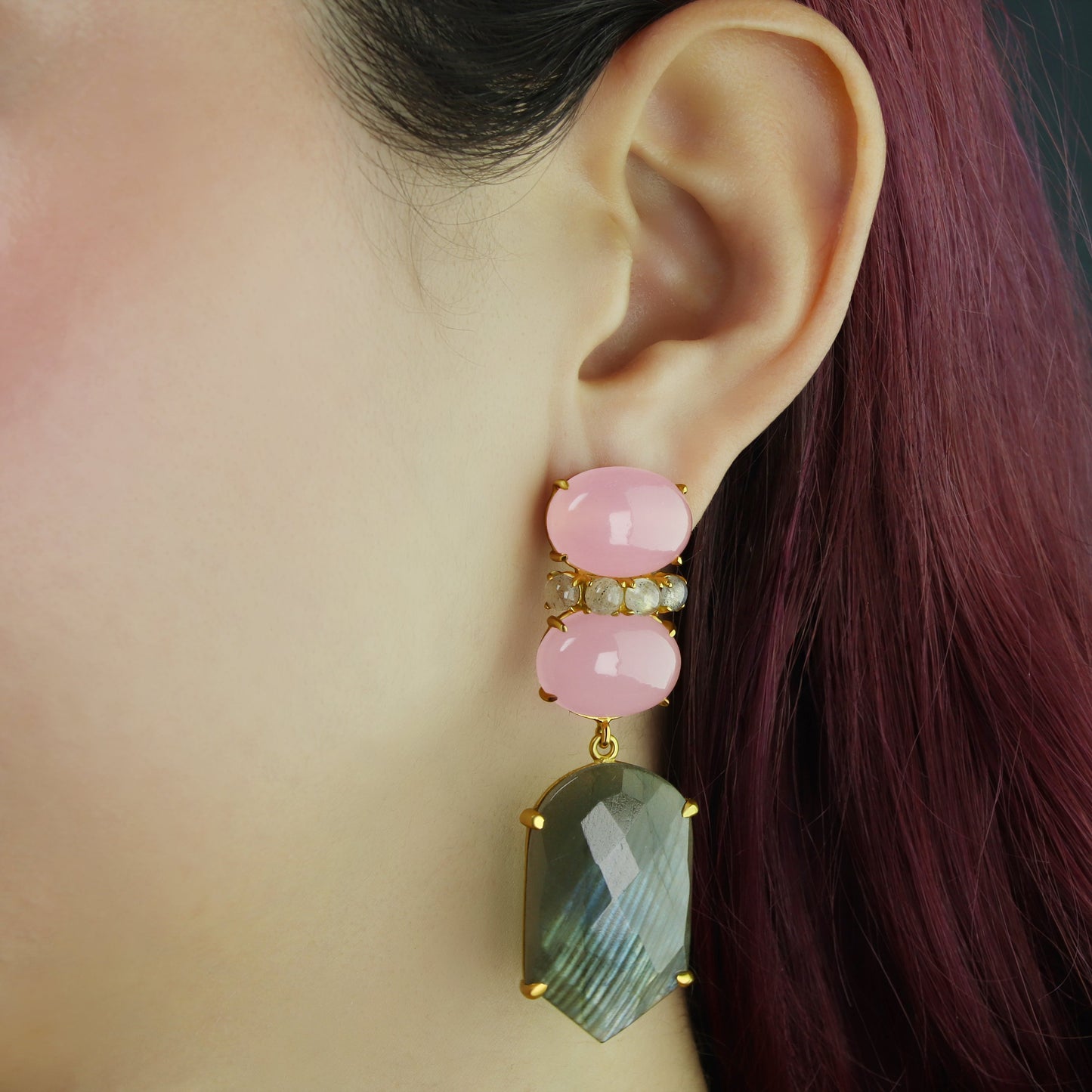 GIOVE MIO Aretes Colgantes Liberta Rosa en Plata 925 Bañada en Oro Amarillo de 18Kt con Cuarzo. Plata 925 Bañada en Oro 18Kt / Amarillo / 20X60MM