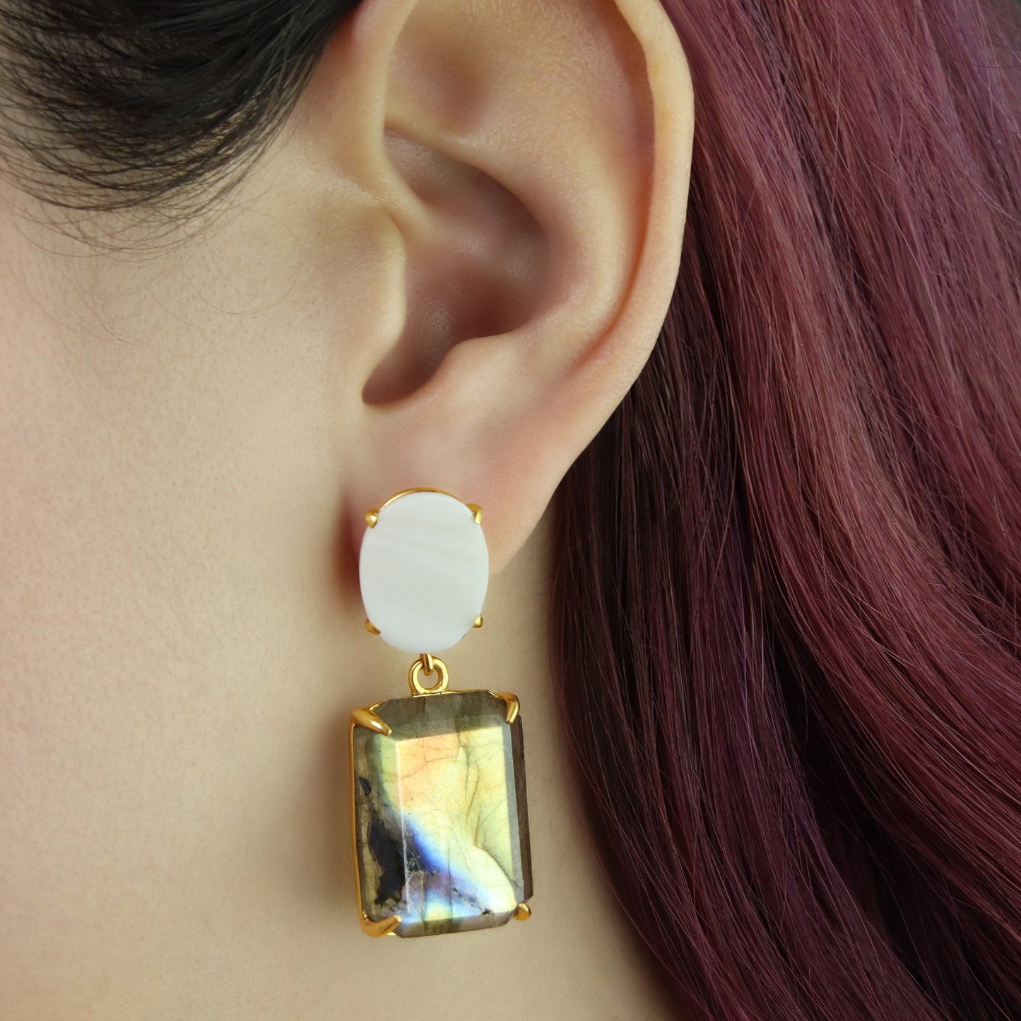 GIOVE MIO Aretes Colgantes Lune Di Giove en Plata 925 Bañada en Oro Amarillo de 18Kt con Madre Perla y Cuarzo. Plata 925 Bañada en Oro 18Kt / Amarillo / 16X42MM