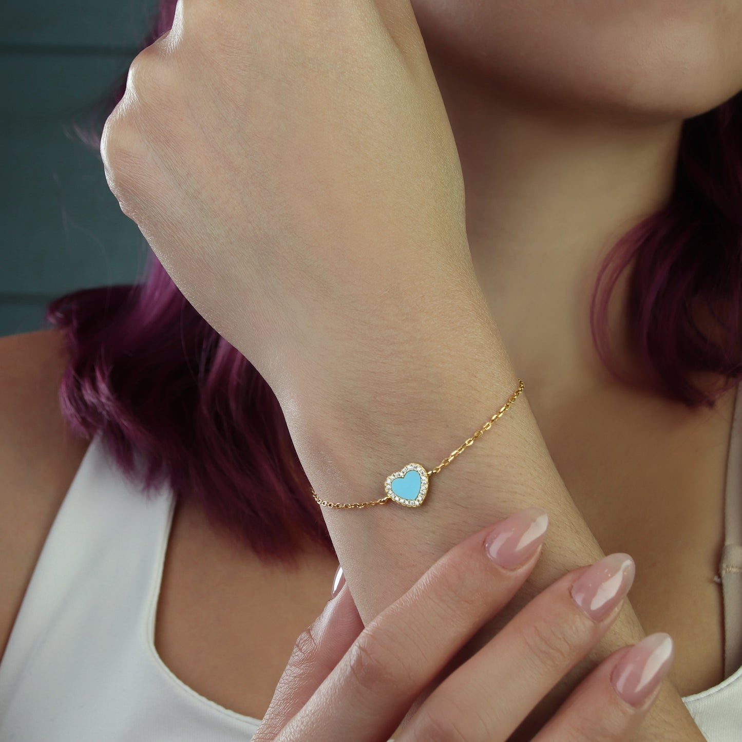 GIOVE MIO Pulsera de Cadena Cuore Mio Turquesa en Plata 925 Bañada en Oro Amarillo de 18Kt. Plata 925 Bañada en Oro 18Kt / Rosado / 9X10MM