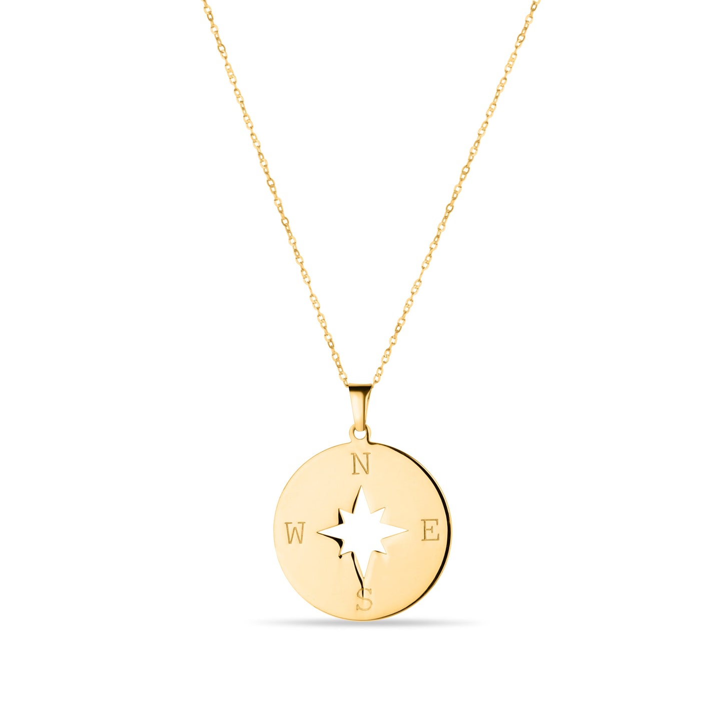 GIOVE MIO CABLE CHAIN NECKLACE WITH COMPASS CHARM IN 14KT YELLOW GOLD, 45 CM LONG