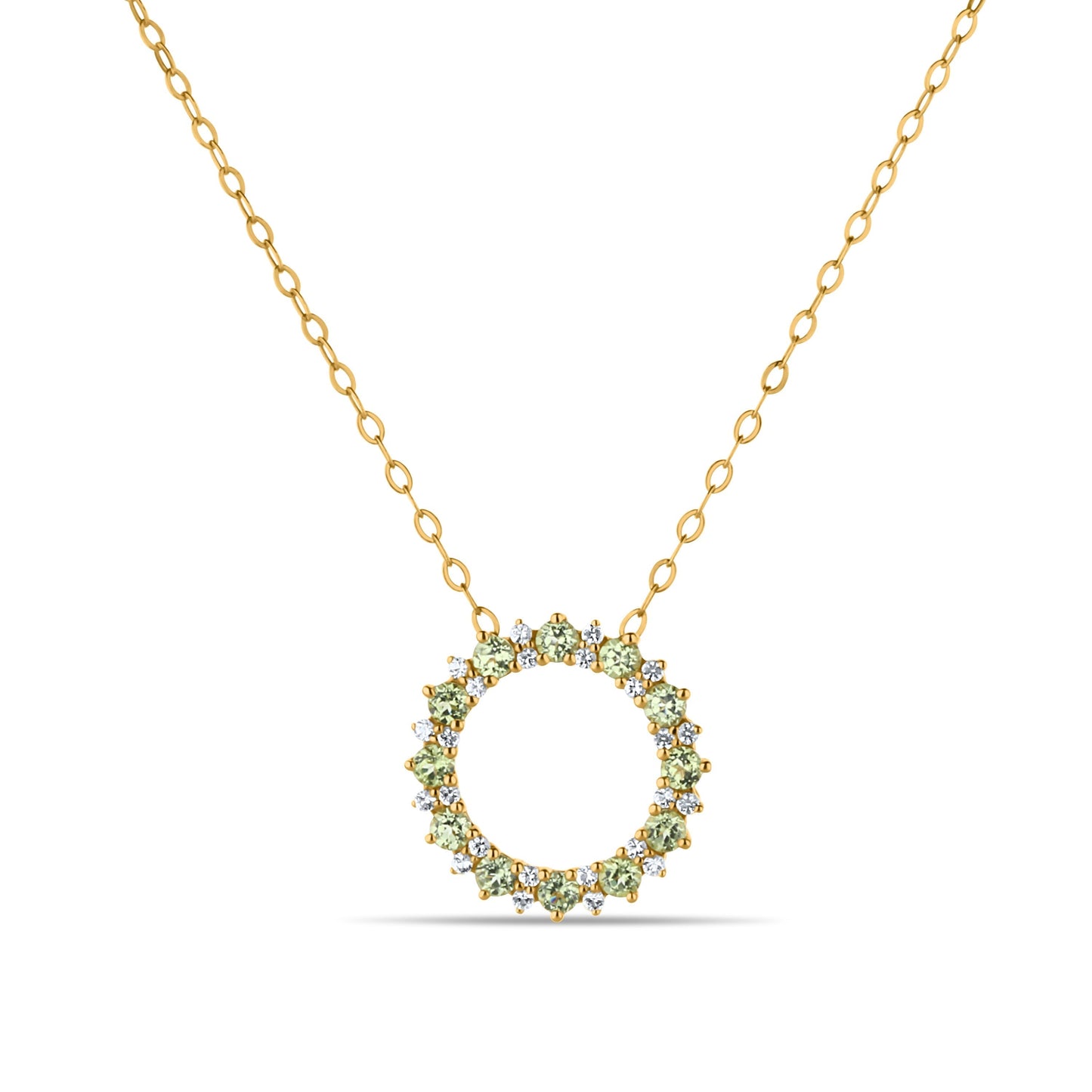 GIOVE MIO Cadena con Dije Circular y Gemas en Oro Amarillo de 14Kt con Peridotos y Topacios Blancos. Oro 14Kt / Amarillo / 14MM
