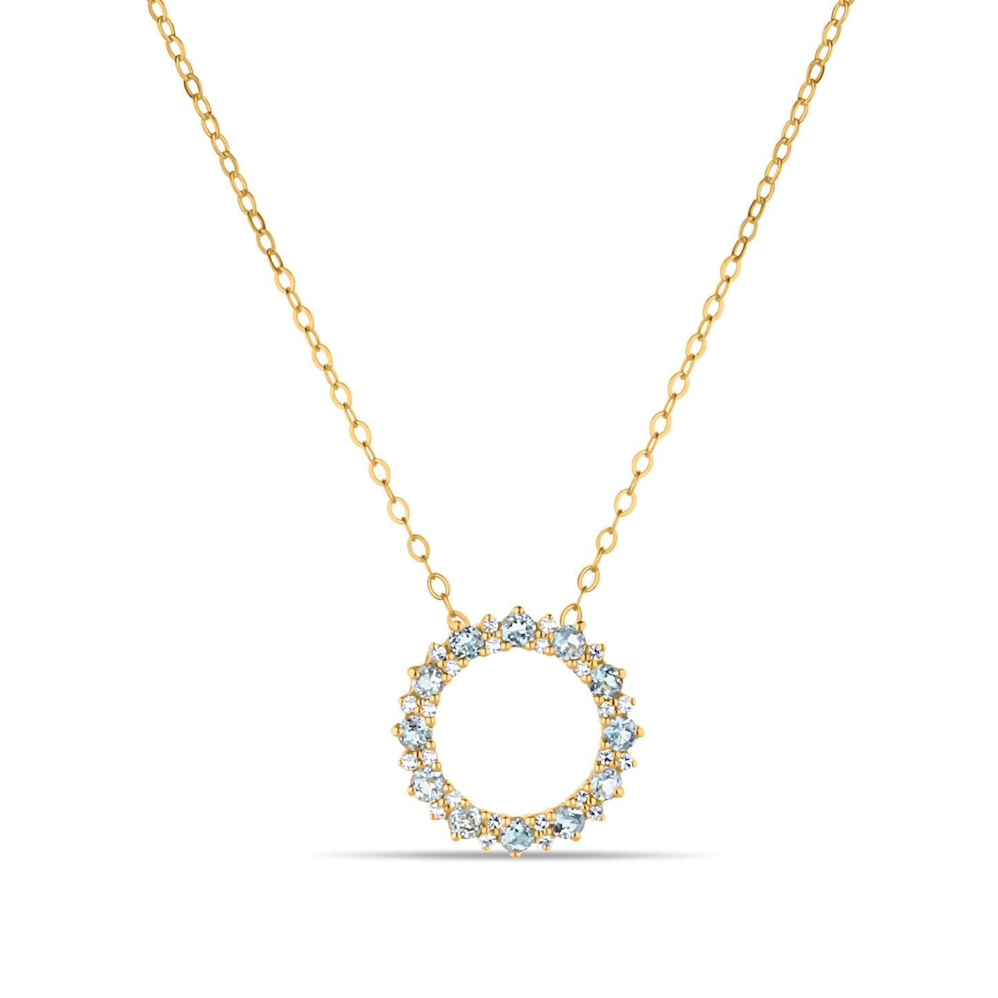 GIOVE MIO CABLE CHAIN NECKLACE WITH GOOD KARMA CHARM IN 14KT YELLOW GOLD, 45 CM LONG, WITH SKY BLUE CT BLUE TOPAZ. AND WHITE TOPAZ CT.
