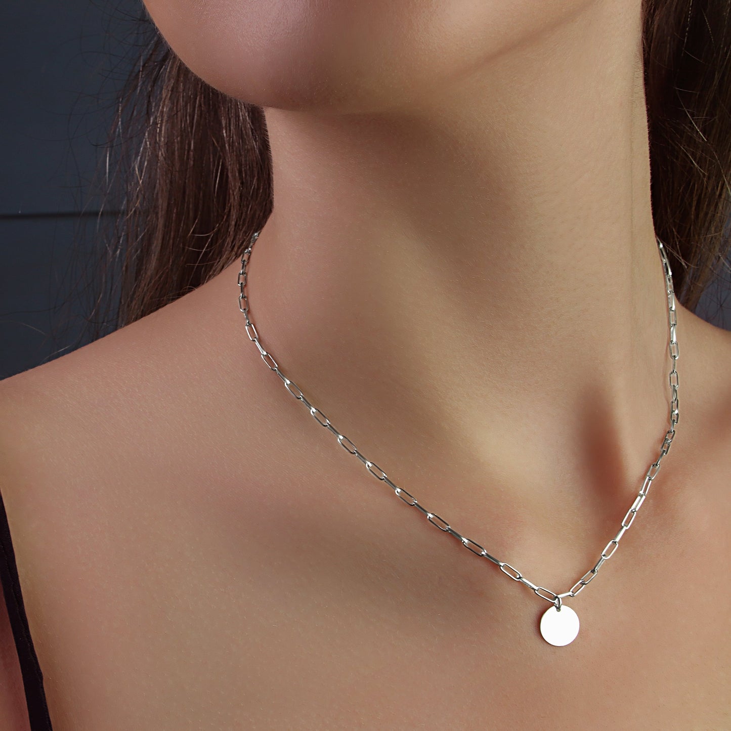 GIOVE MIO CLIP CHAIN NECKLACE WITH PLATE CHARM IN WHITE 925 SILVER