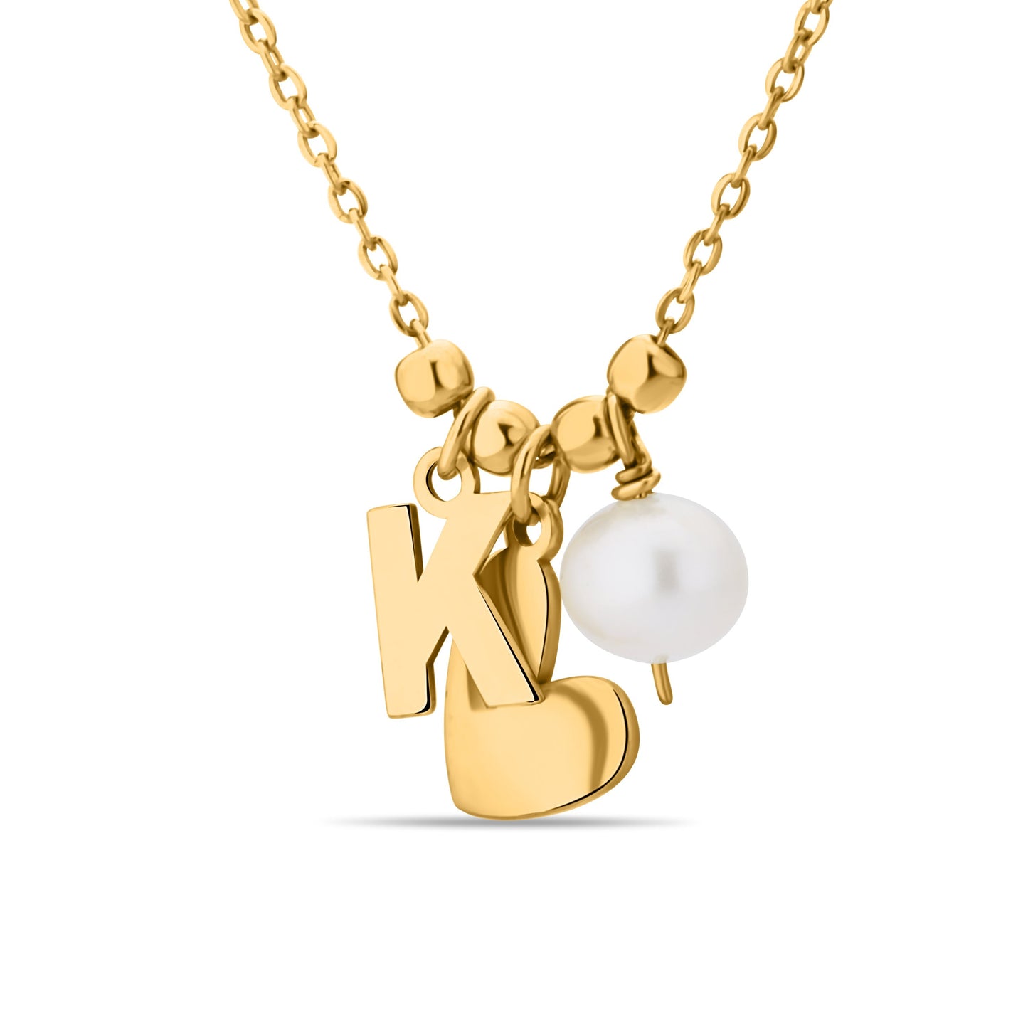 GIOVE MIO Cadena con Dijes de Corazón, K y Perla en Plata 925 Bañada en Oro Amarillo de 18Kt con Perla. Plata 925 Bañada en Oro 18Kt / Amarillo / 9X8MM