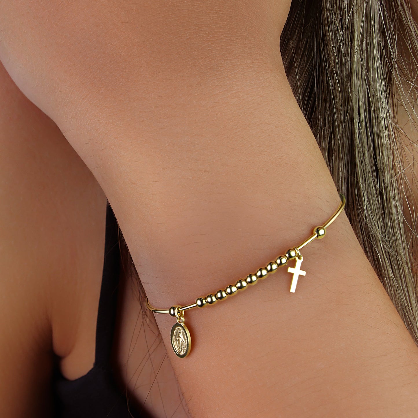 GIOVE MIO Denario con Medalla de La Virgen Milagrosa y Cruz en Oro Amarillo de 18Kt. Oro 18Kt / Amarillo / 55MM 3MM 6X8MM 6X10MM