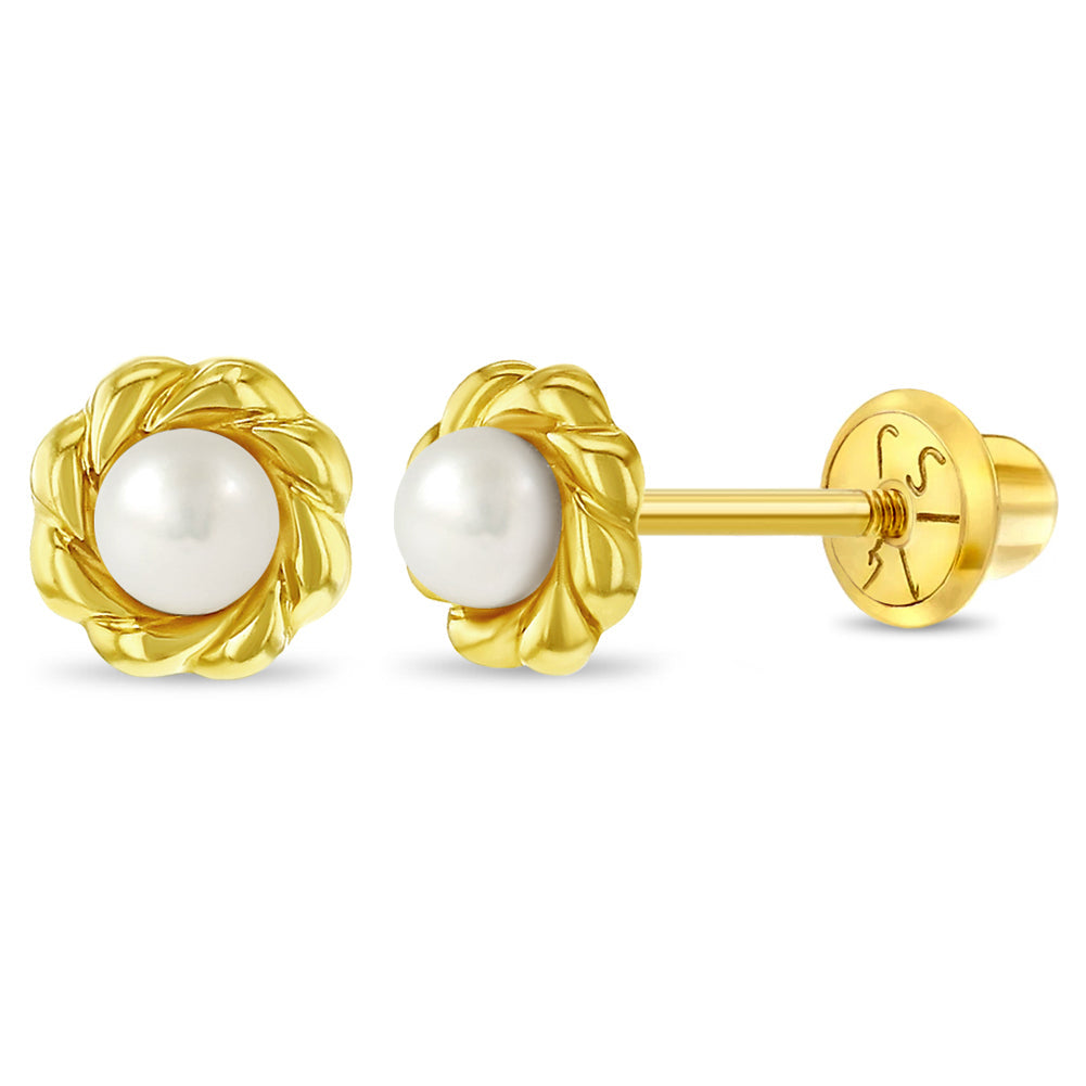 GIOVE MIO: Aretes de Bebé en Oro Amarillo de 14kt con Perlas Cultivadas de Aguadulce - Elegancia y Seguridad para tu Pequeño Tesoro. ¡Haz brillar a tu recién llegado con estos hermosos aretes! ORO 14KT / AMARILLO / 5.80 X 5.77 X 3.60 MM