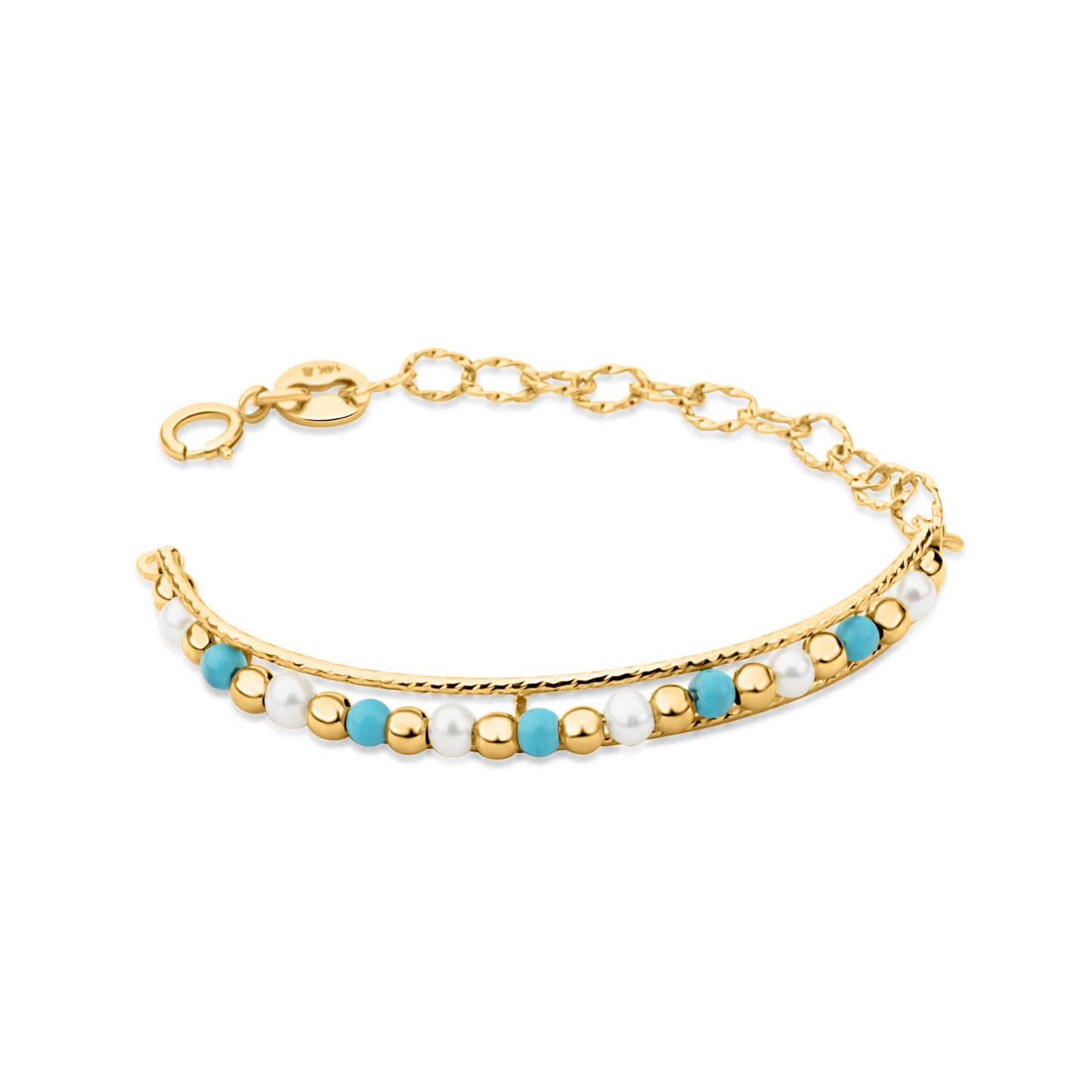 GIOVE MIO Cazandra con Cuentas y Gemas en Oro Amarillo de 14Kt con Turquesas y Perlas. Oro 14Kt / Amarillo / 3.5X44MM