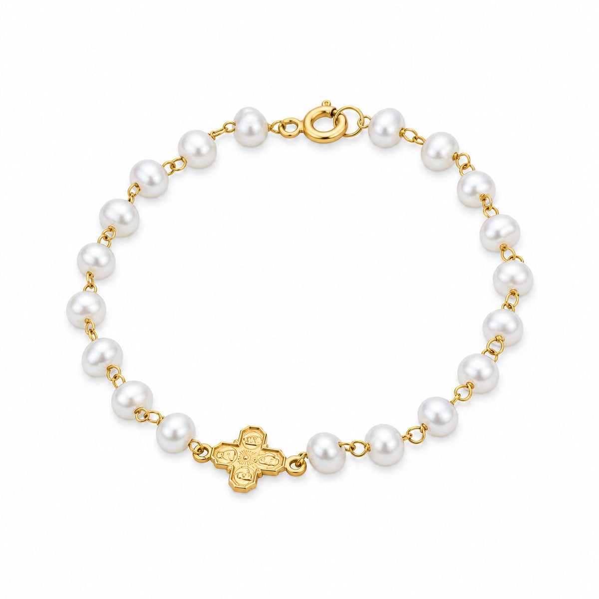 GIOVE MIO Pulsera de Cadena con Medalla de La Cruz de Los Cuatro Caminos y Perlas en Oro Amarillo de 14Kt con Perlas Cultivadas de Aguadulce. Oro 14Kt / Amarillo / PEND 7X7MM