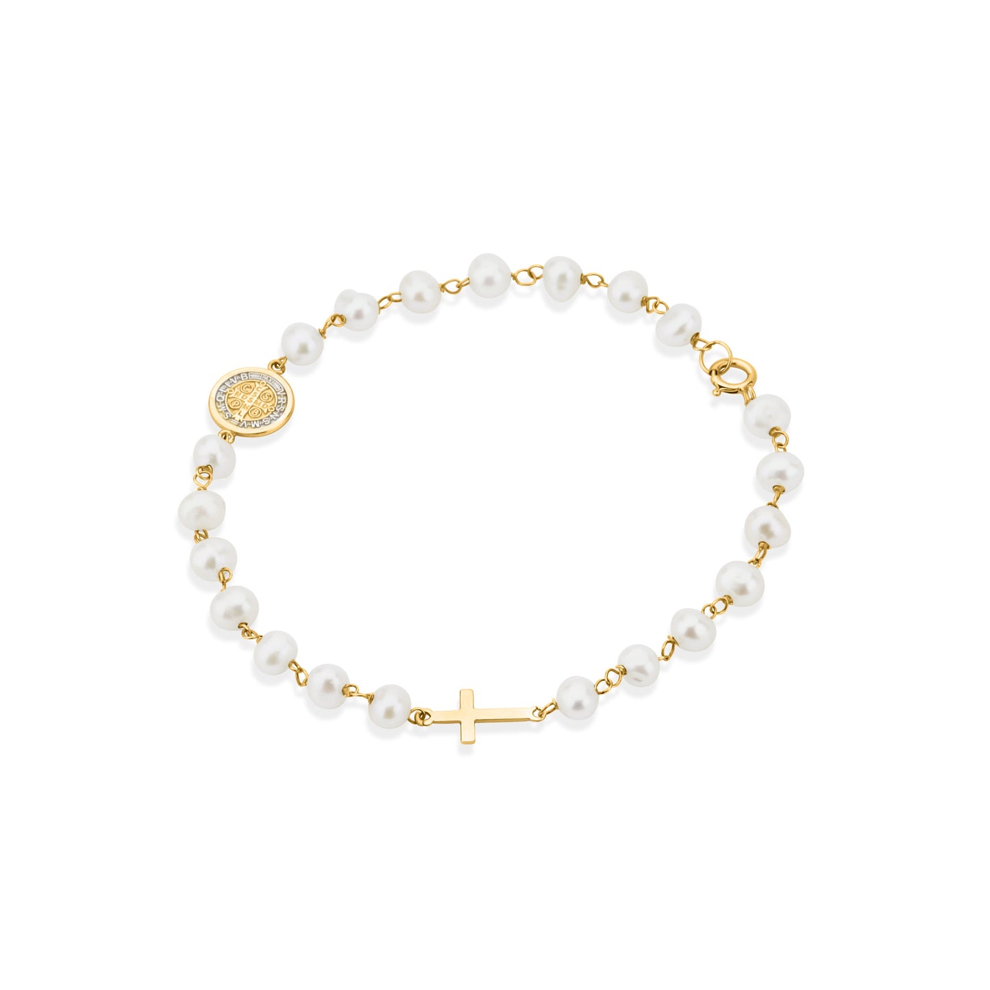 GIOVE MIO 14kt Gold Bracelet with Cross Pendant and St. Benedict Medal with White Pearls. Protection and elegance intertwined. Shine with divine style!