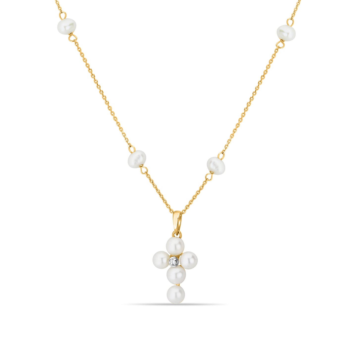 GIOVE MIO 14kt Yellow Gold Cross Pendant Necklace with 17 WHITE Freshwater Cultured Pearls. Divine celestial piece for elegant radiance. Embrace protection and style effortlessly!
