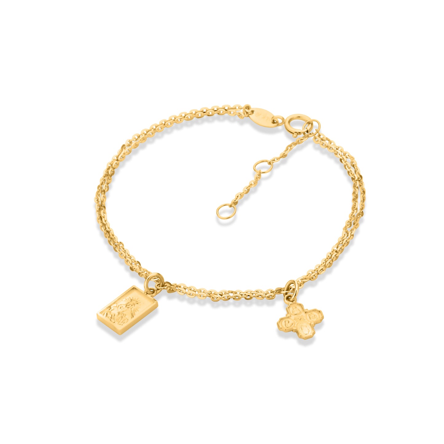 GIOVE MIO Exclusive Gold 14kt Bracelet with Scapular Medal and Four-Way Cross Charms, 17.5 cm, Reasa Clasp. Elevate your style with this unique and meaningful piece!