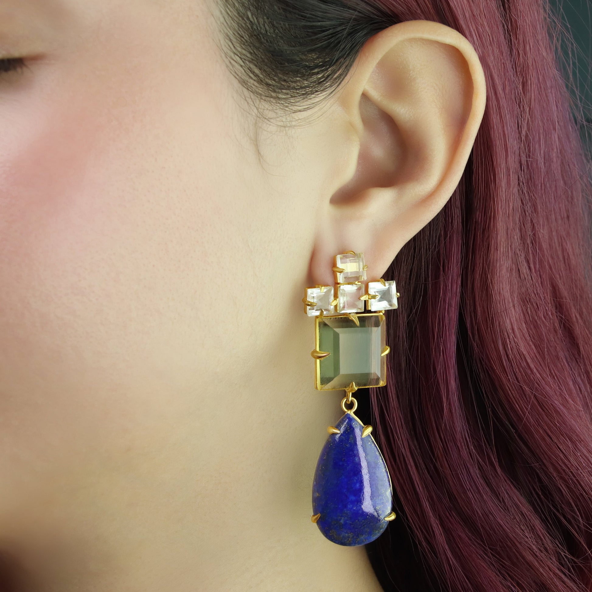 GIOVE MIO Aretes Colgantes Donna Innamorata Blu en Plata 925 Bañada en Oro Amarillo de 18Kt con Lapislázuli y Cuarzo. Plata 925 Bañada en Oro 18Kt / Amarillo / 18X64MM