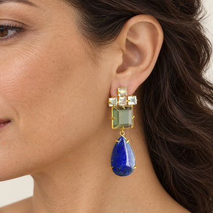 GIOVE MIO Aretes Colgantes Donna Innamorata Blu en Plata 925 Bañada en Oro Amarillo de 18Kt con Lapislázuli y Cuarzo. Plata 925 Bañada en Oro 18Kt / Amarillo / 18X64MM