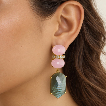 GIOVE MIO Aretes Colgantes Liberta Rosa en Plata 925 Bañada en Oro Amarillo de 18Kt con Cuarzo. Plata 925 Bañada en Oro 18Kt / Amarillo / 20X60MM