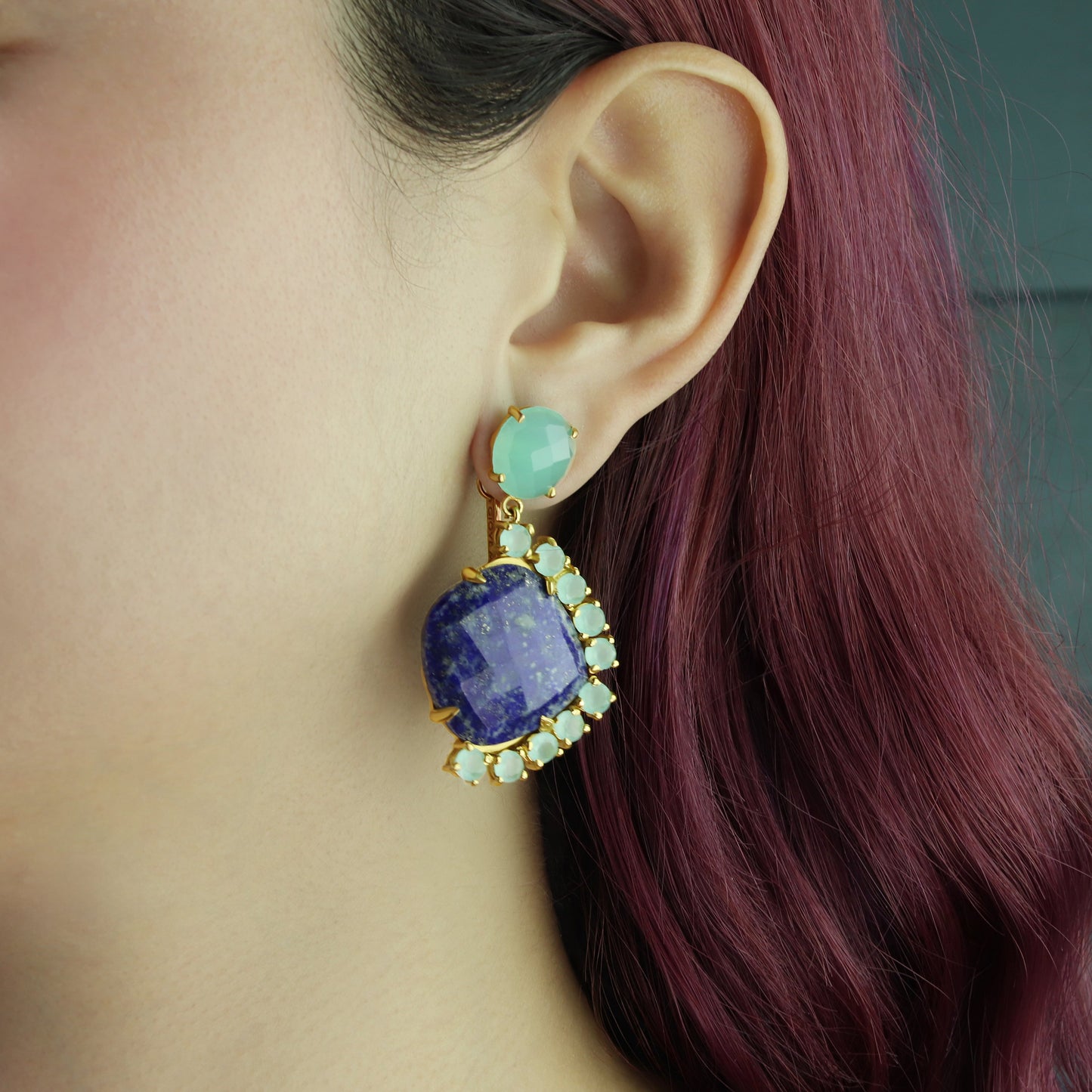 GIOVE MIO Aretes Colgantes Sole en Plata 925 Bañada en Oro Amarillo de 18Kt con Lapislázuli y Cuarzo. Plata 925 Bañada en Oro 18Kt / Amarillo / 28X48MM