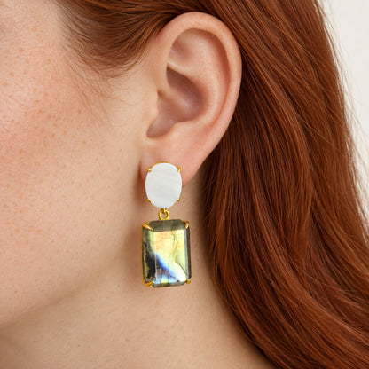 GIOVE MIO Aretes Colgantes Lune Di Giove en Plata 925 Bañada en Oro Amarillo de 18Kt con Madre Perla y Cuarzo. Plata 925 Bañada en Oro 18Kt / Amarillo / 16X42MM