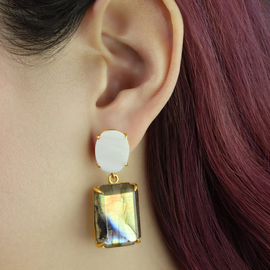 GIOVE MIO Aretes Colgantes Lune Di Giove en Plata 925 Bañada en Oro Amarillo de 18Kt con Madre Perla y Cuarzo. Plata 925 Bañada en Oro 18Kt / Amarillo / 16X42MM