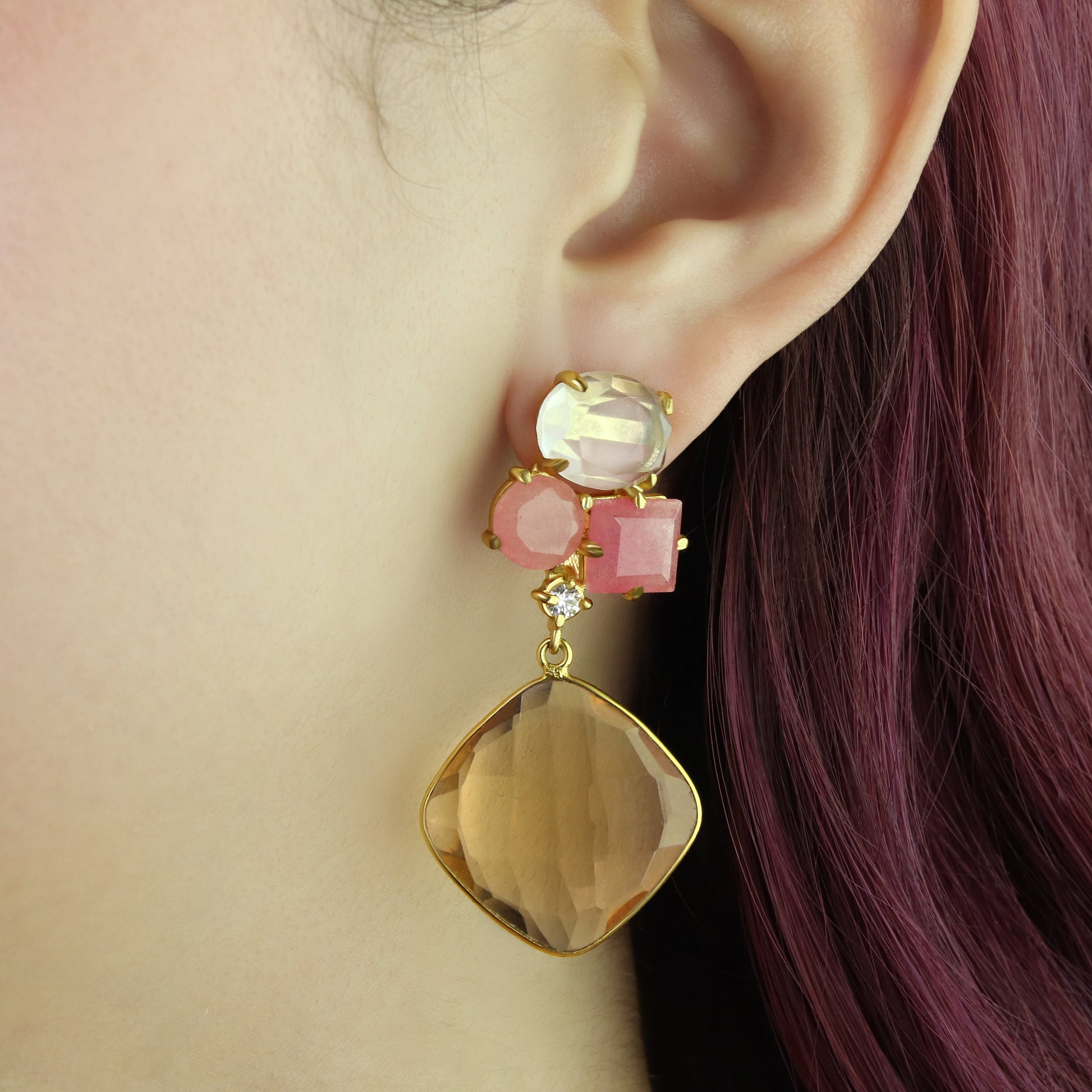 GIOVE MIO Aretes Colgantes en Plata 925 Bañada en Oro Amarillo de 18Kt con Cuarzo. Plata 925 Bañada en Oro 18Kt / Amarillo / 24X50MM