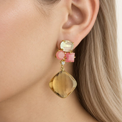GIOVE MIO Aretes Colgantes en Plata 925 Bañada en Oro Amarillo de 18Kt con Cuarzo. Plata 925 Bañada en Oro 18Kt / Amarillo / 24X50MM