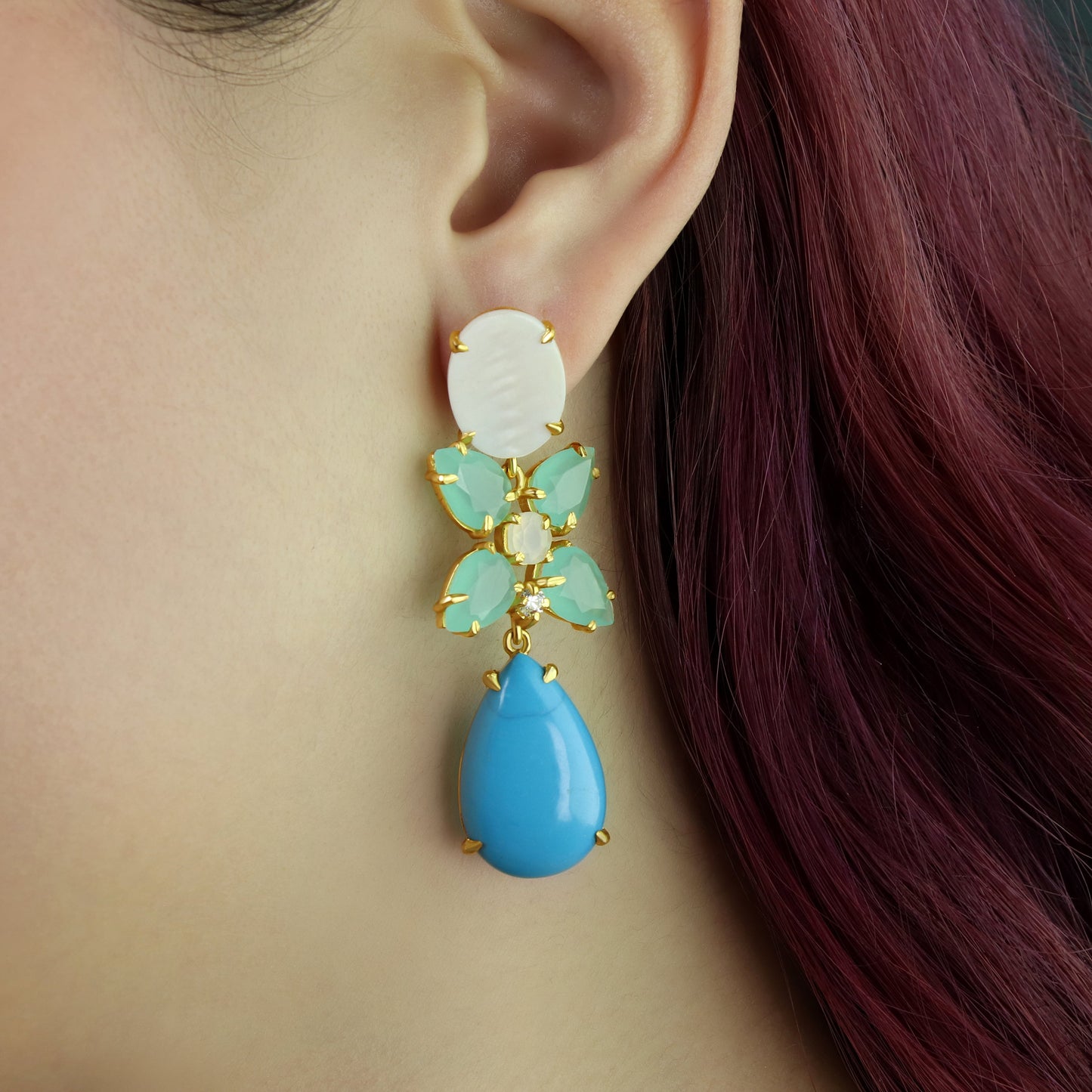 GIOVE MIO Aretes Colgantes Fiore Di Luna en Plata 925 Bañada en Oro Amarillo de 18Kt con Madre Perla y Turquesa. Plata 925 Bañada en Oro 18Kt / Amarillo / 21X58MM