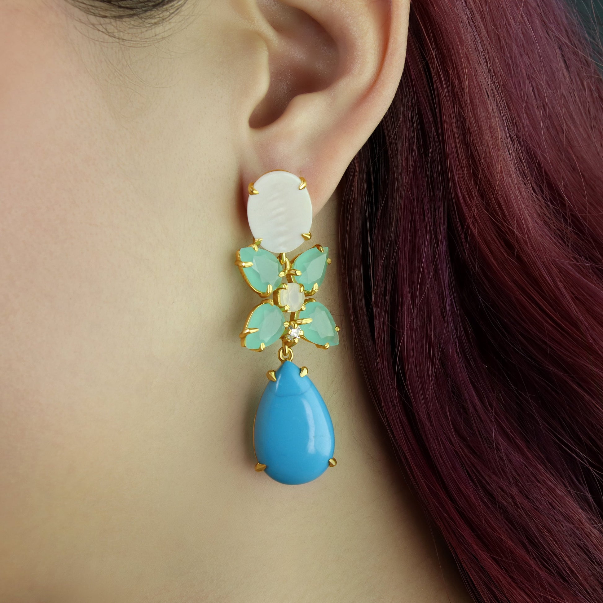 GIOVE MIO Aretes Colgantes Fiore Di Luna en Plata 925 Bañada en Oro Amarillo de 18Kt con Madre Perla y Turquesa. Plata 925 Bañada en Oro 18Kt / Amarillo / 21X58MM