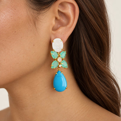 GIOVE MIO Aretes Colgantes Fiore Di Luna en Plata 925 Bañada en Oro Amarillo de 18Kt con Madre Perla y Turquesa. Plata 925 Bañada en Oro 18Kt / Amarillo / 21X58MM