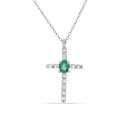 GIOVE MIO Cadena con Dije de Cruz en Oro Blanco de 18Kt con Esmeralda y Diamantes Naturales. Oro 18Kt / Blanco / 11.7X18MM