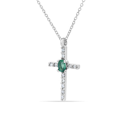 GIOVE MIO Cadena con Dije de Cruz en Oro Blanco de 18Kt con Esmeralda y Diamantes Naturales. Oro 18Kt / Blanco / 11.7X18MM