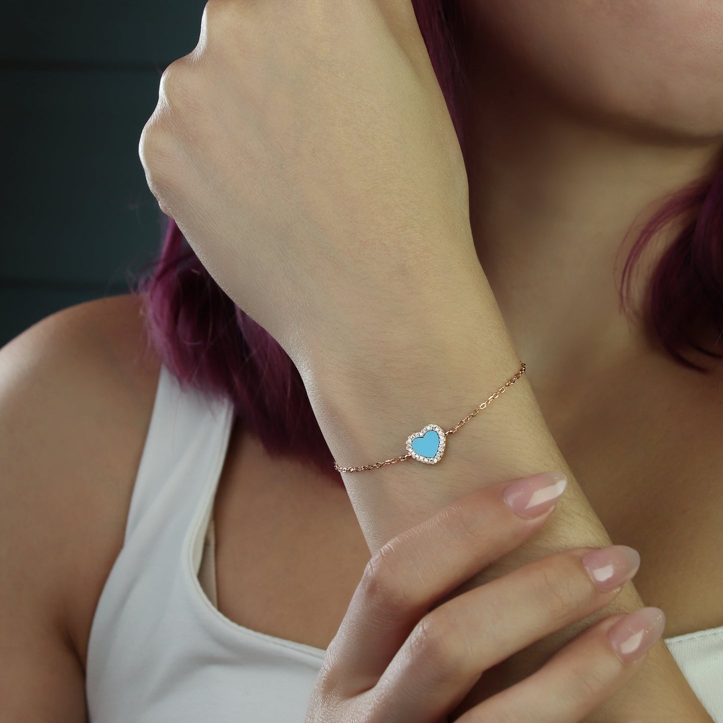 GIOVE MIO Pulsera de Cadena Cuore Mio Turquesa en Plata 925 Bañada en Oro Amarillo de 18Kt. Plata 925 Bañada en Oro 18Kt / Rosado / 9X10MM