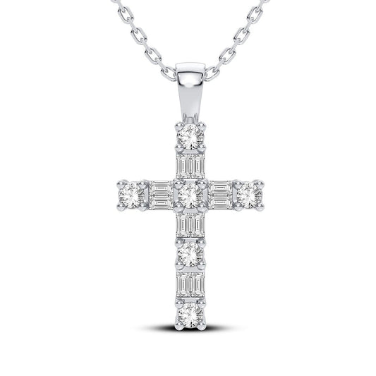 GIOVE MIO Dije de Cruz en Oro Blanco de 14Kt con Diamantes Naturales y Diamantes Creados en Laboratorio. Oro 14Kt / Blanco / 10X15MM