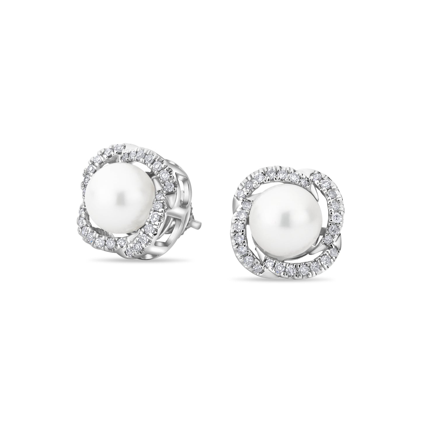 GIOVE MIO Aretes en Oro Blanco de 14Kt con Perlas Cultivadas Akoya y Diamantes Naturales. Oro 14Kt / Blanco / 12X12MM