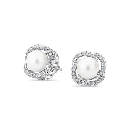 GIOVE MIO Aretes en Oro Blanco de 14Kt con Perlas Cultivadas Akoya y Diamantes Naturales. Oro 14Kt / Blanco / 12X12MM