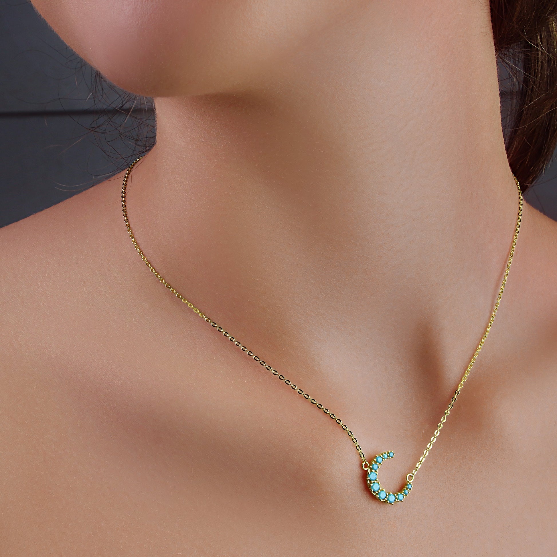 GIOVE MIO Cadena Luna Creciente Turquesa en Plata 925 Bañada en Oro Amarillo de 18Kt. Plata 925 Bañada en Oro 18Kt / Amarillo / 14X13MM