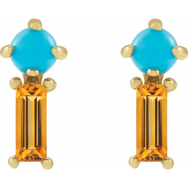 GIOVE MIO Studs en Oro Amarillo de 14Kt con Citrinas y Turquesas. Oro 14Kt / Amarillo / 4X10MM
