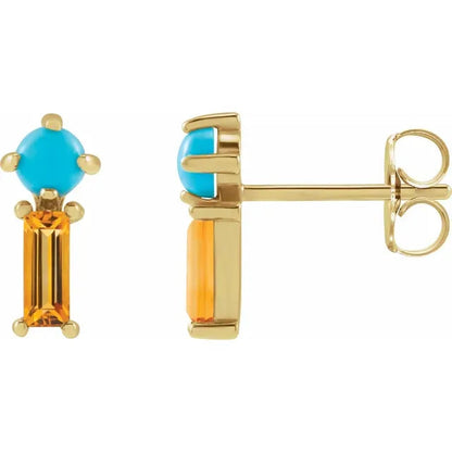 GIOVE MIO Studs en Oro Amarillo de 14Kt con Citrinas y Turquesas. Oro 14Kt / Amarillo / 4X10MM