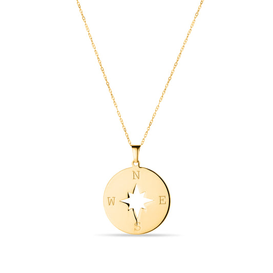 GIOVE MIO CABLE CHAIN NECKLACE WITH COMPASS CHARM IN 14KT YELLOW GOLD, 45 CM LONG