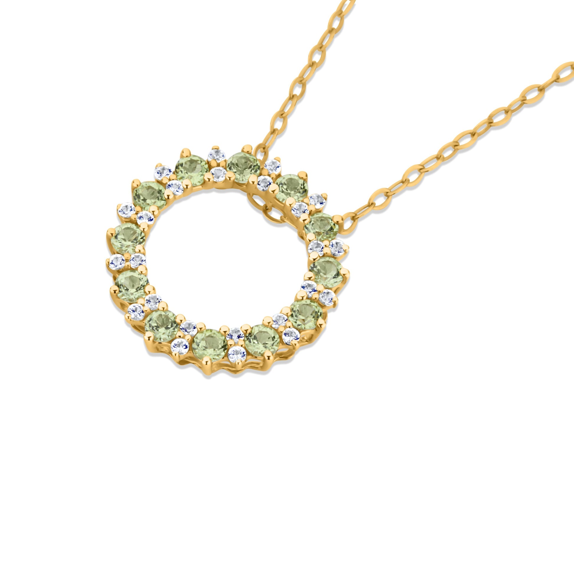 GIOVE MIO Cadena con Dije Circular y Gemas en Oro Amarillo de 14Kt con Peridotos y Topacios Blancos. Oro 14Kt / Amarillo / 14MM
