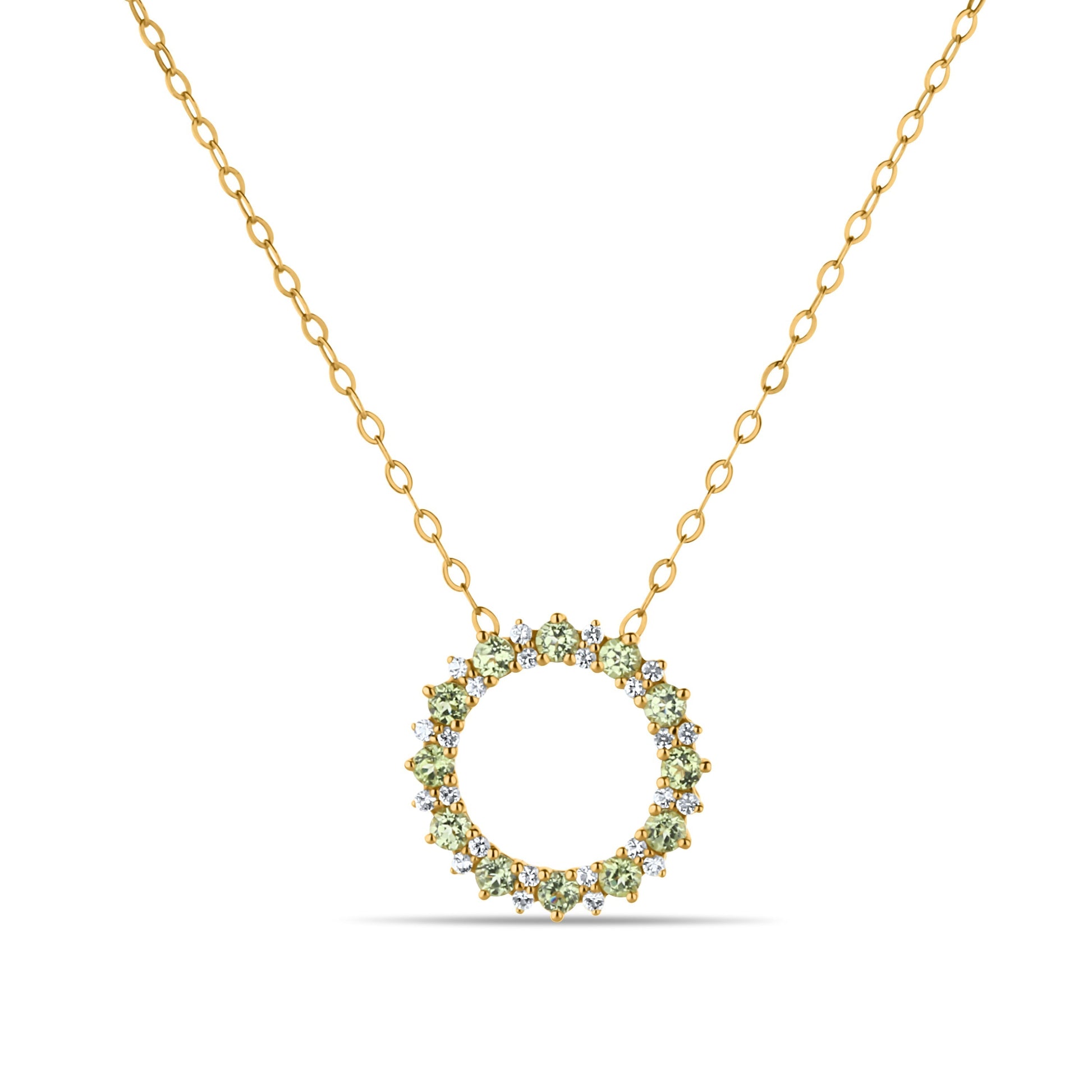 GIOVE MIO Cadena con Dije Circular y Gemas en Oro Amarillo de 14Kt con Peridotos y Topacios Blancos. Oro 14Kt / Amarillo / 14MM