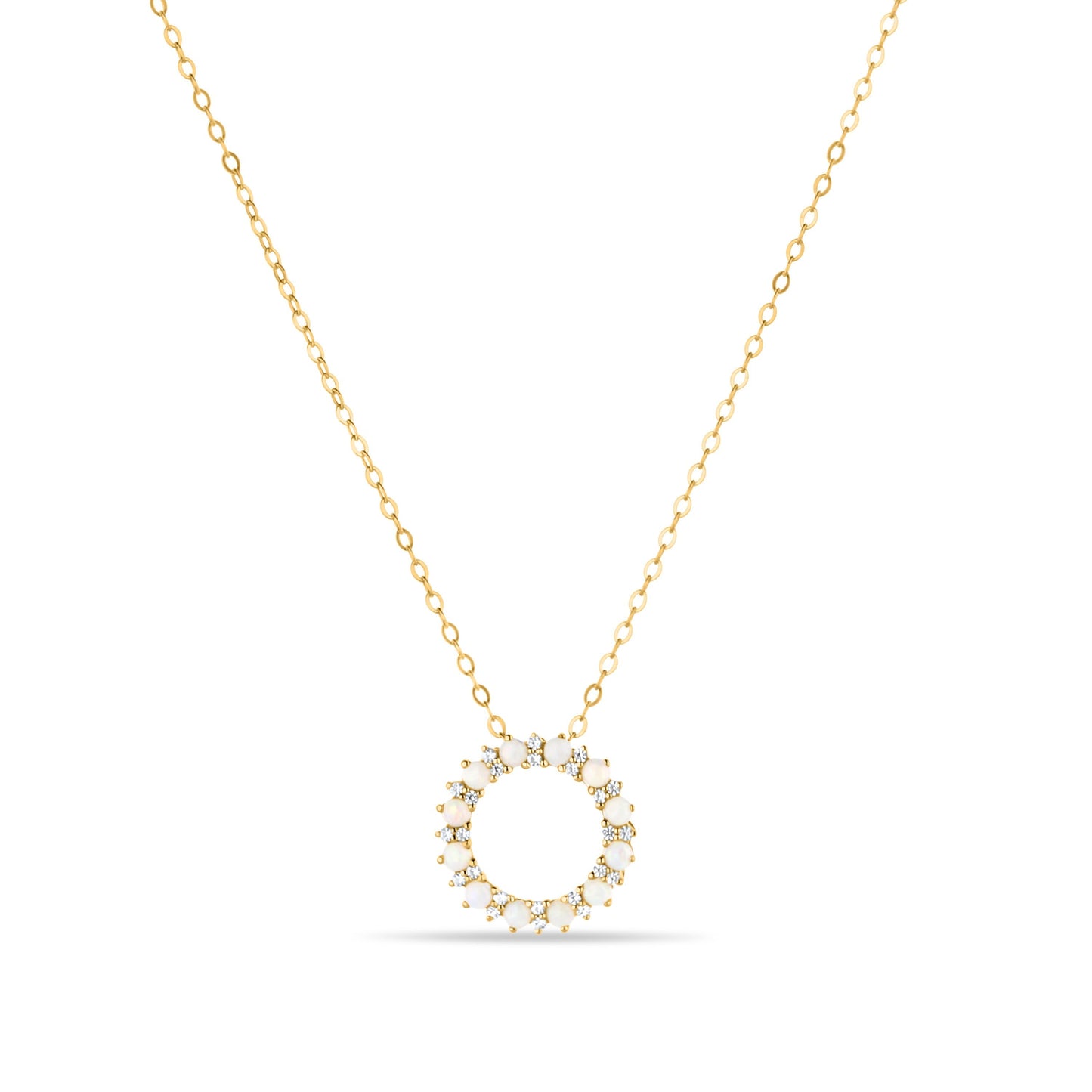 GIOVE MIO Cadena con Dije Circular y Gemas en Oro Amarillo de 14Kt con Ópalos y Zafiros Blancos. Oro 14Kt / Amarillo / 14MM