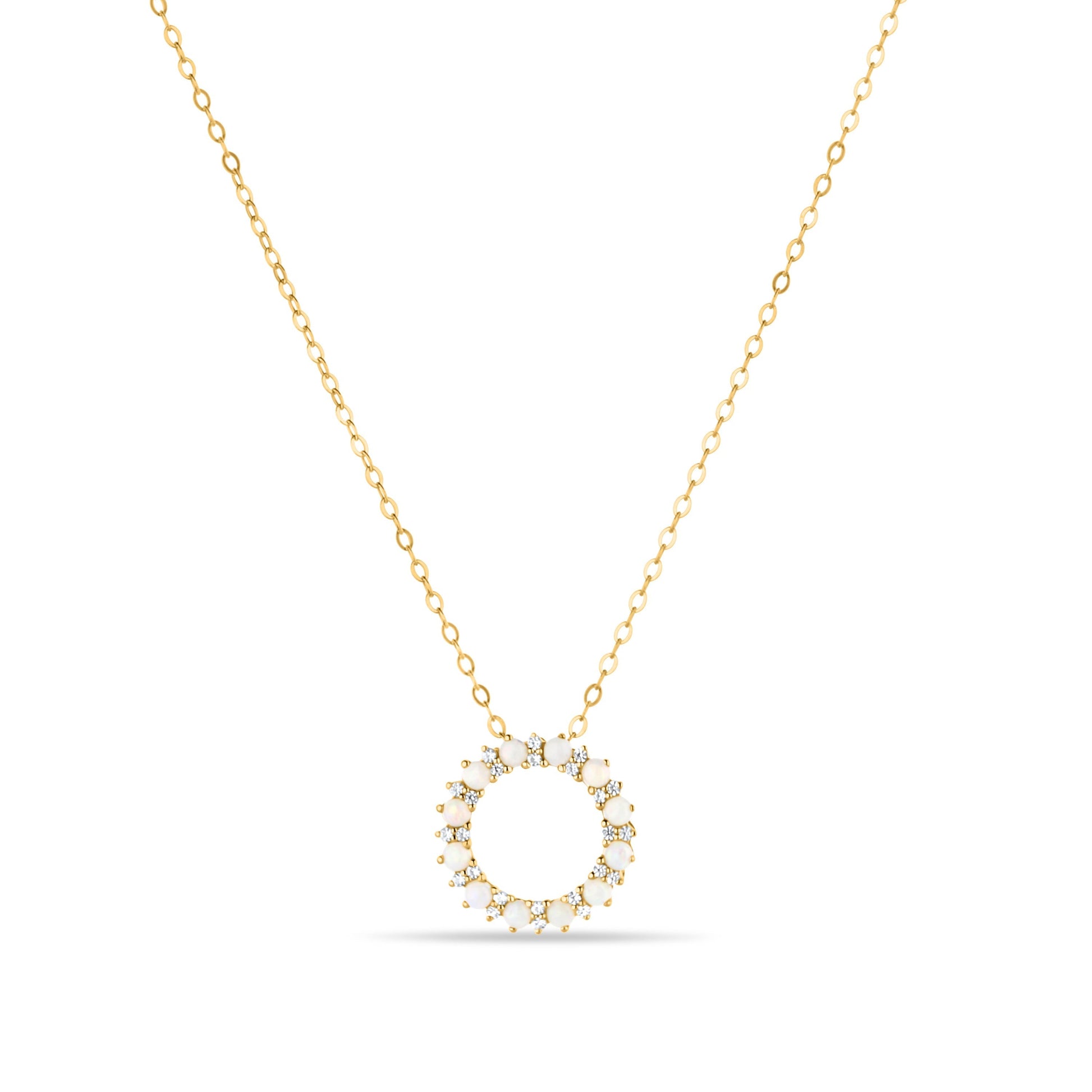 GIOVE MIO Cadena con Dije Circular y Gemas en Oro Amarillo de 14Kt con Ópalos y Zafiros Blancos. Oro 14Kt / Amarillo / 14MM