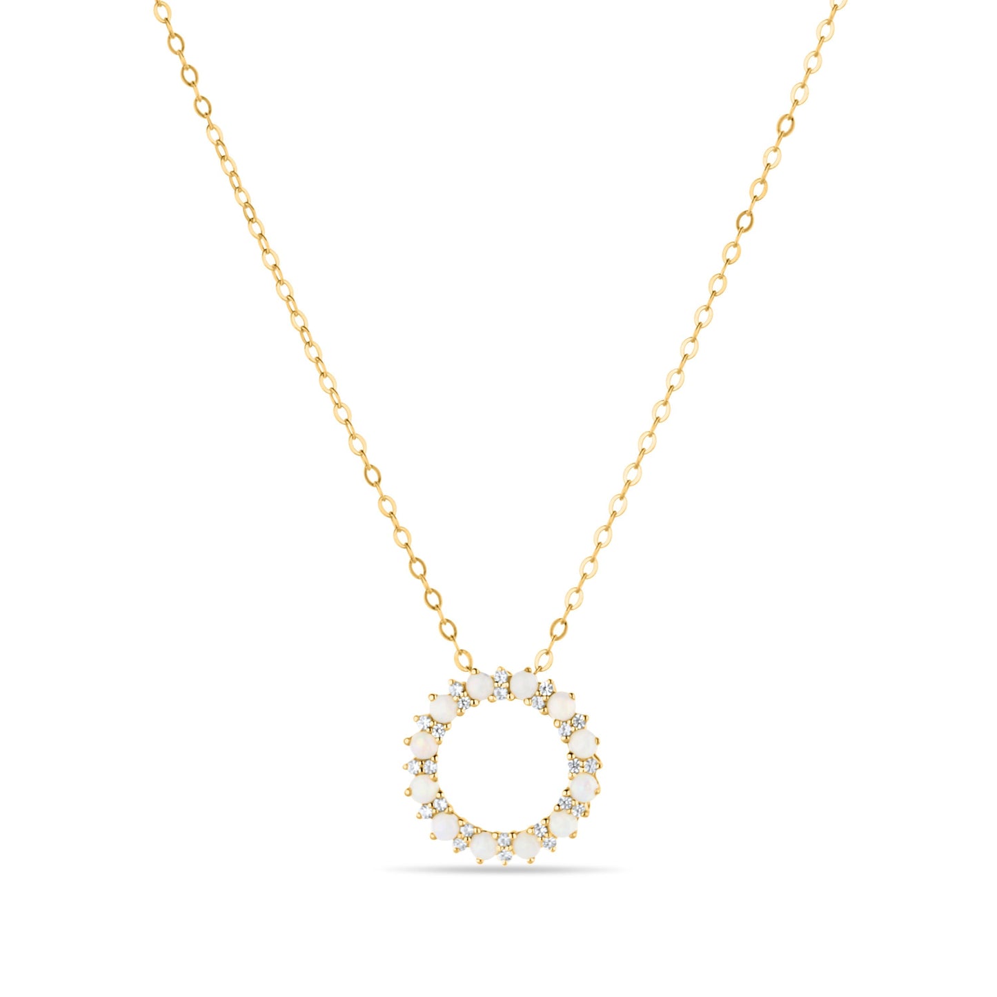 GIOVE MIO Cadena con Dije Circular y Gemas en Oro Amarillo de 14Kt con Ópalos y Zafiros Blancos. Oro 14Kt / Amarillo / 14MM