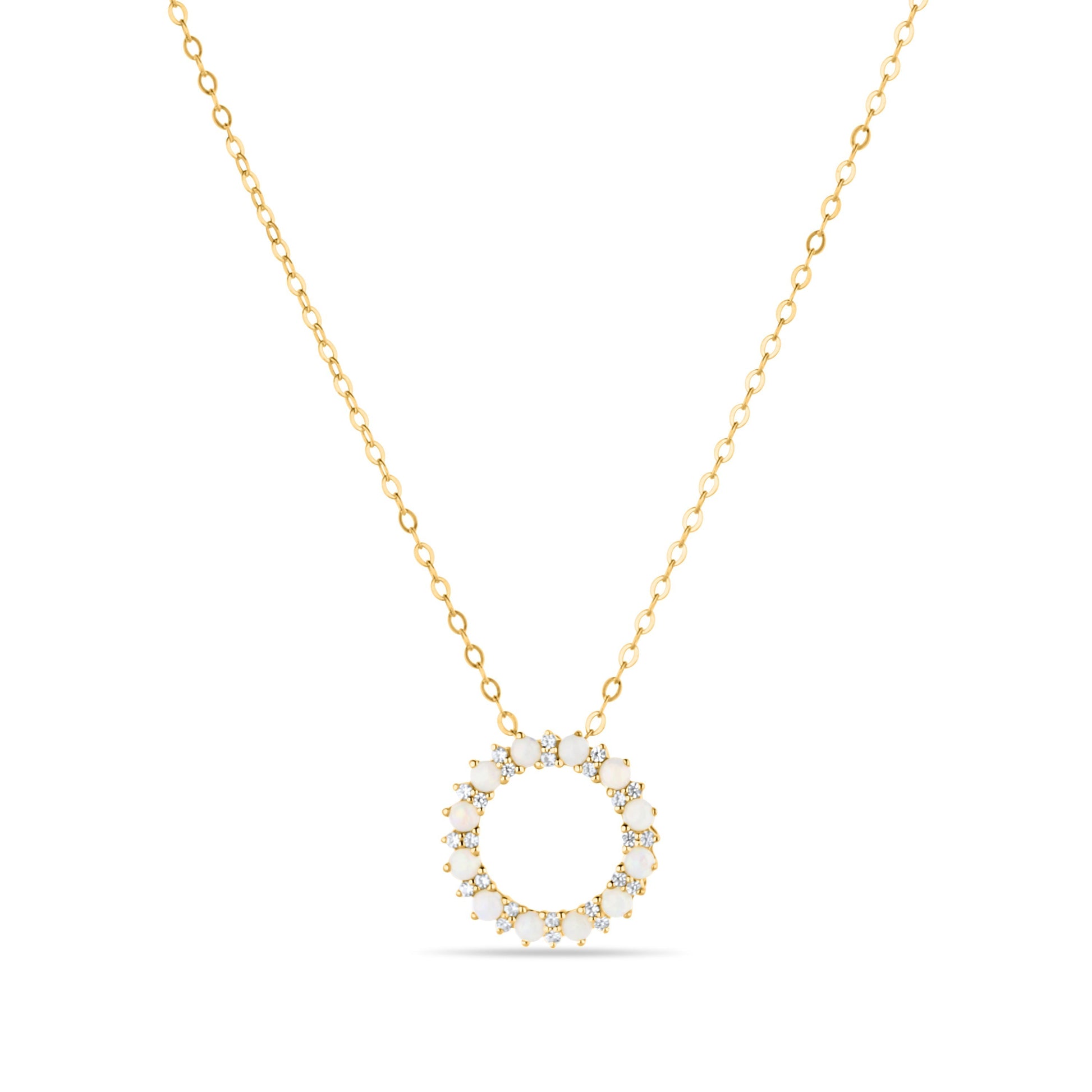 GIOVE MIO Cadena con Dije Circular y Gemas en Oro Amarillo de 14Kt con Ópalos y Zafiros Blancos. Oro 14Kt / Amarillo / 14MM