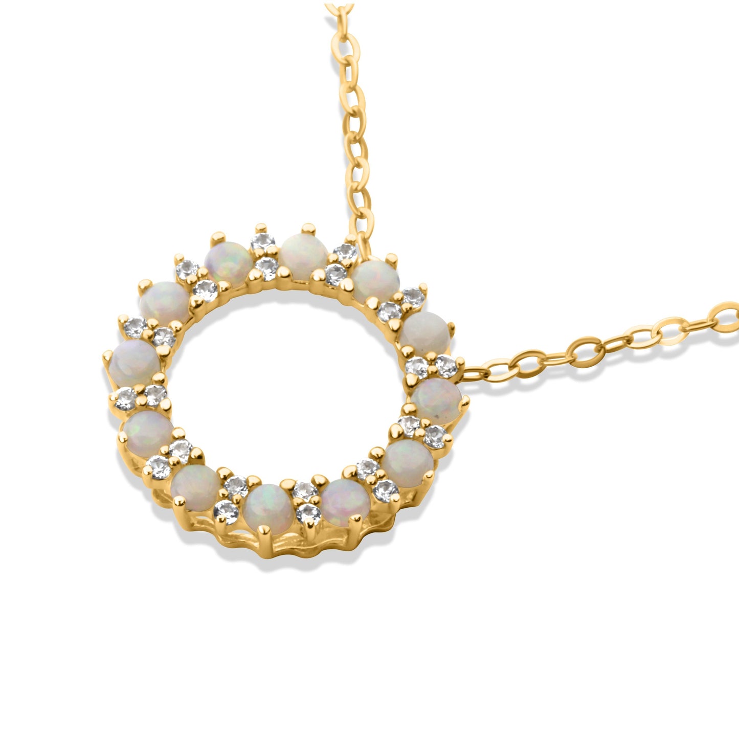 GIOVE MIO Cadena con Dije Circular y Gemas en Oro Amarillo de 14Kt con Ópalos y Zafiros Blancos. Oro 14Kt / Amarillo / 14MM