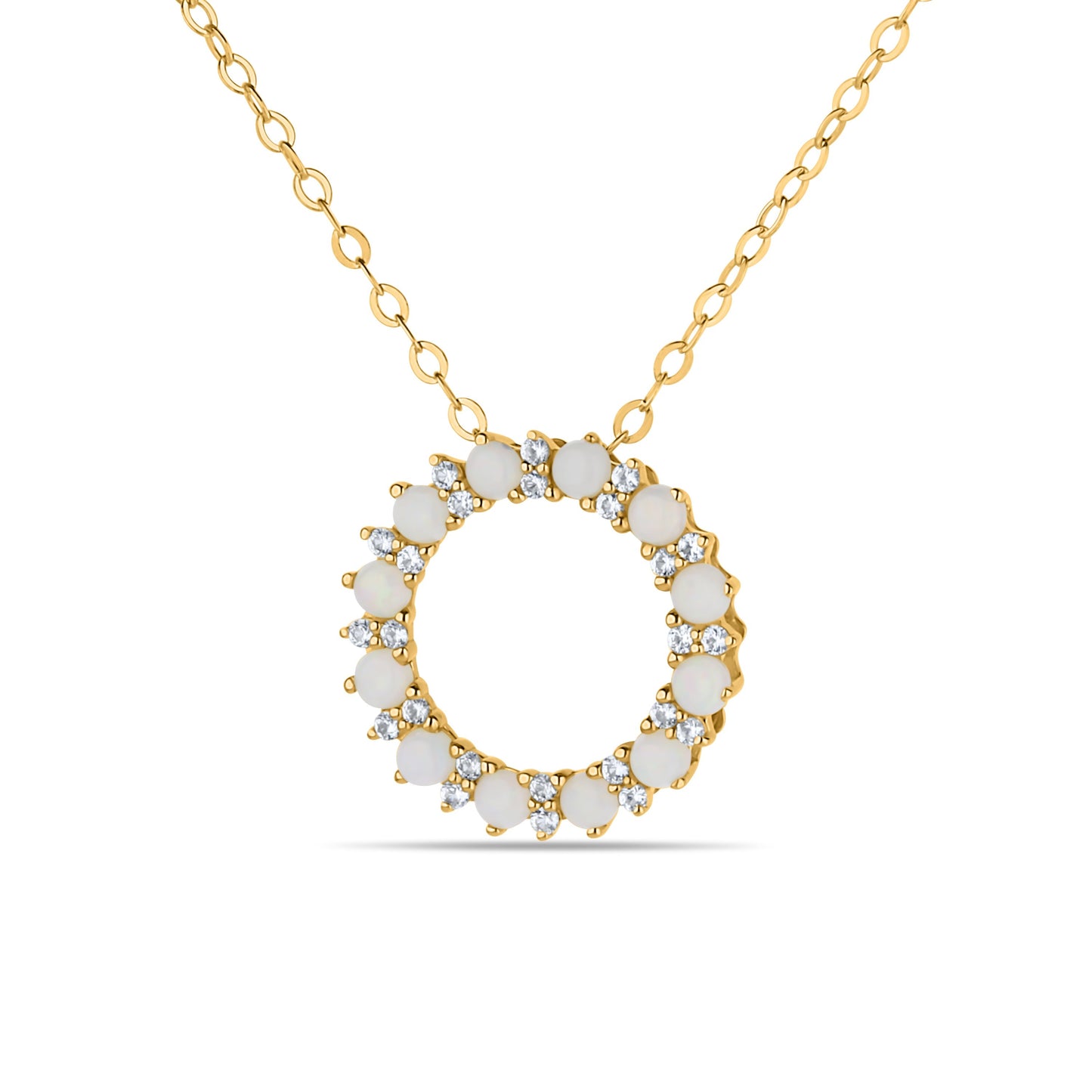 GIOVE MIO Cadena con Dije Circular y Gemas en Oro Amarillo de 14Kt con Ópalos y Zafiros Blancos. Oro 14Kt / Amarillo / 14MM