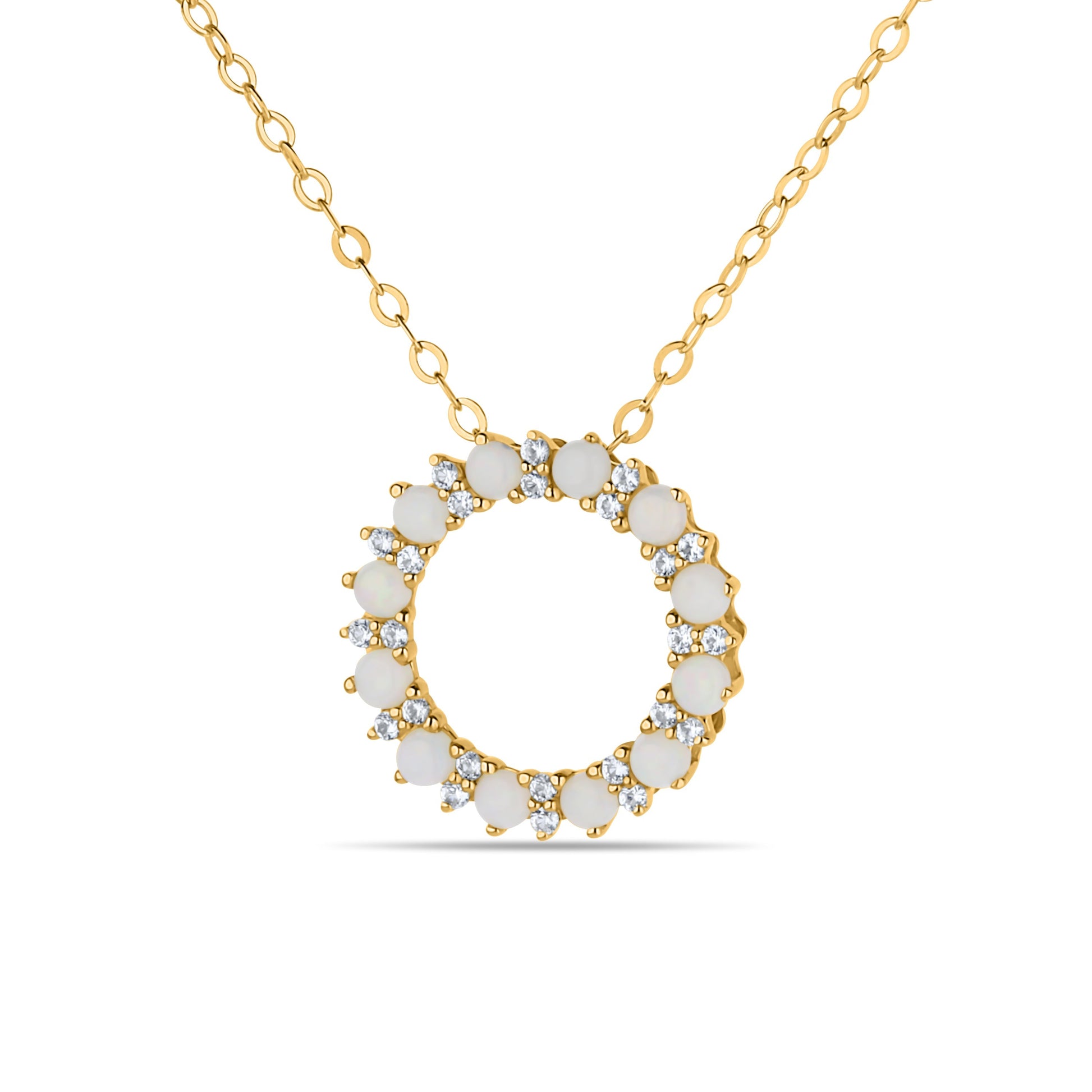 GIOVE MIO Cadena con Dije Circular y Gemas en Oro Amarillo de 14Kt con Ópalos y Zafiros Blancos. Oro 14Kt / Amarillo / 14MM