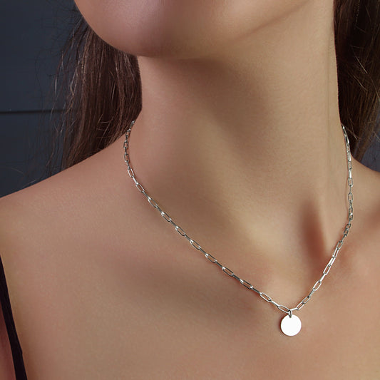 GIOVE MIO CLIP CHAIN NECKLACE WITH PLATE CHARM IN WHITE 925 SILVER