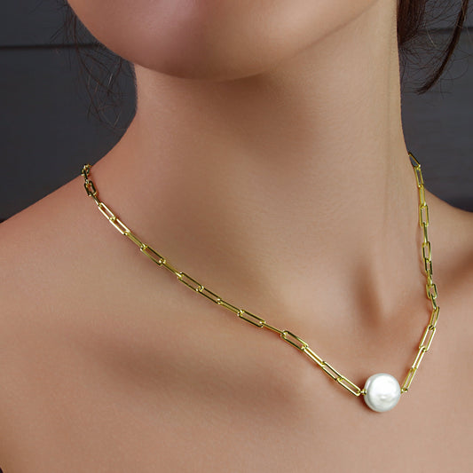 GIOVE MIO CABLE CHAIN NECKLACE WITH 925 YELLOW SILVER PENDANT, 50 CM LONG, WITH PEARL CT.