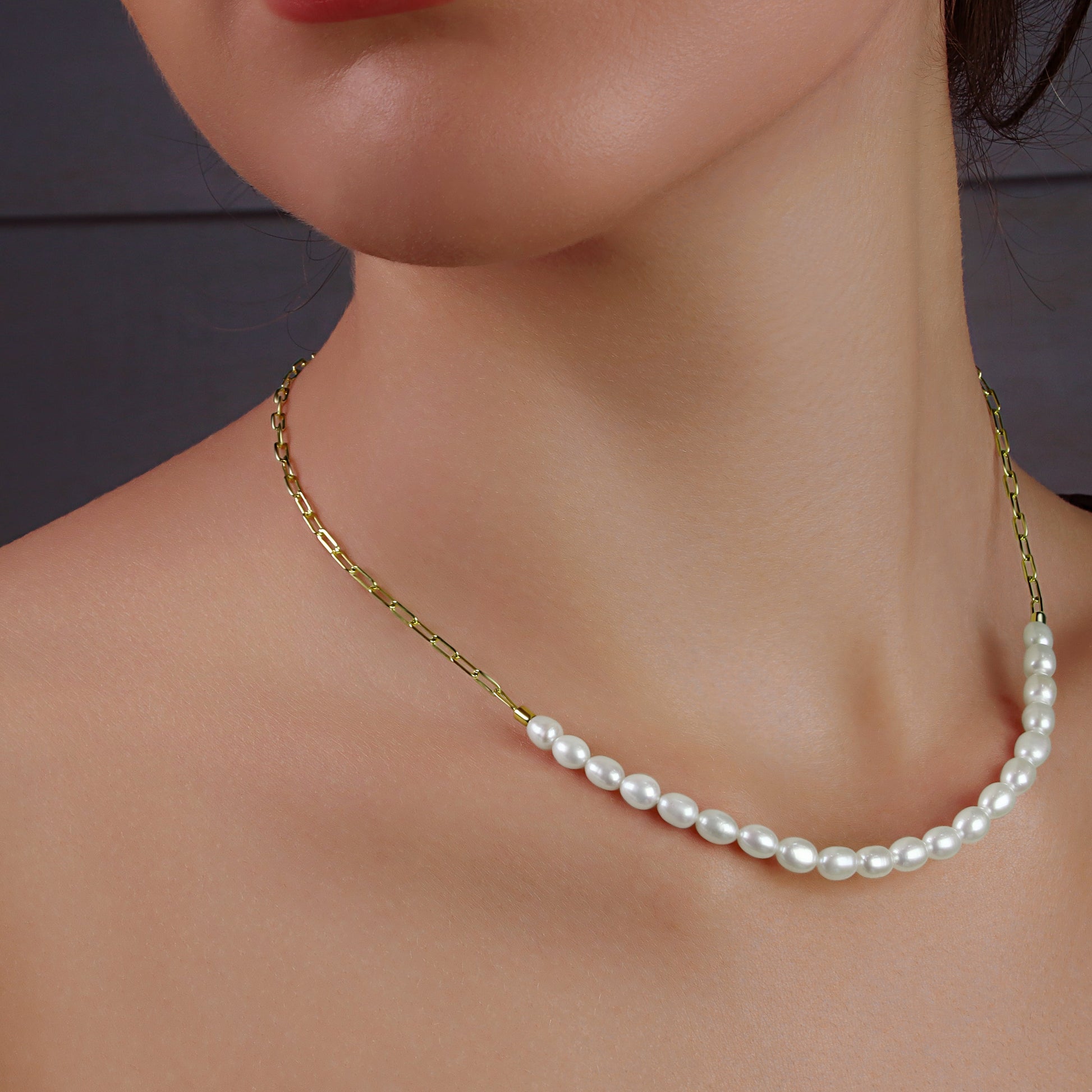 GIOVE MIO Collar con Cuentas de Perla en Plata 925 Bañada en Oro Amarillo de 18Kt. Plata 925 Bañada en Oro 18Kt / Amarillo