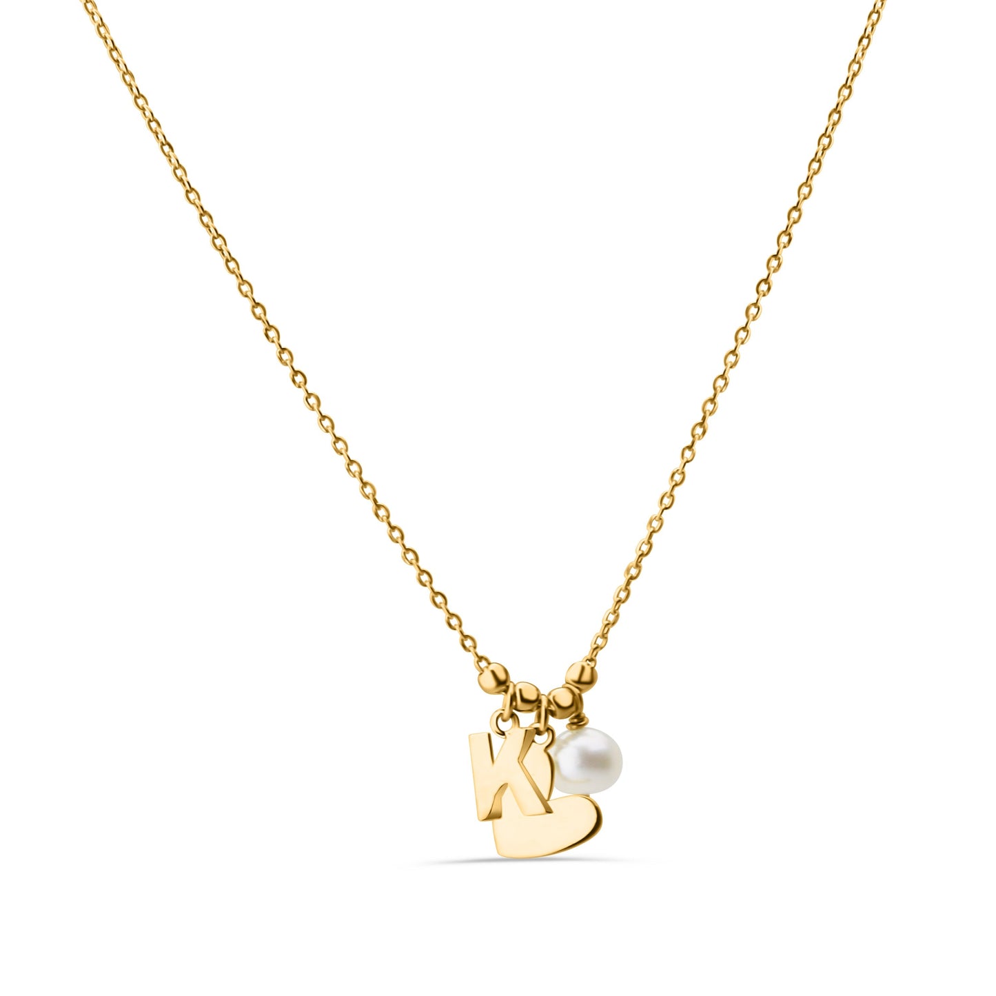 GIOVE MIO Cadena con Dijes de Corazón, K y Perla en Plata 925 Bañada en Oro Amarillo de 18Kt con Perla. Plata 925 Bañada en Oro 18Kt / Amarillo / 9X8MM