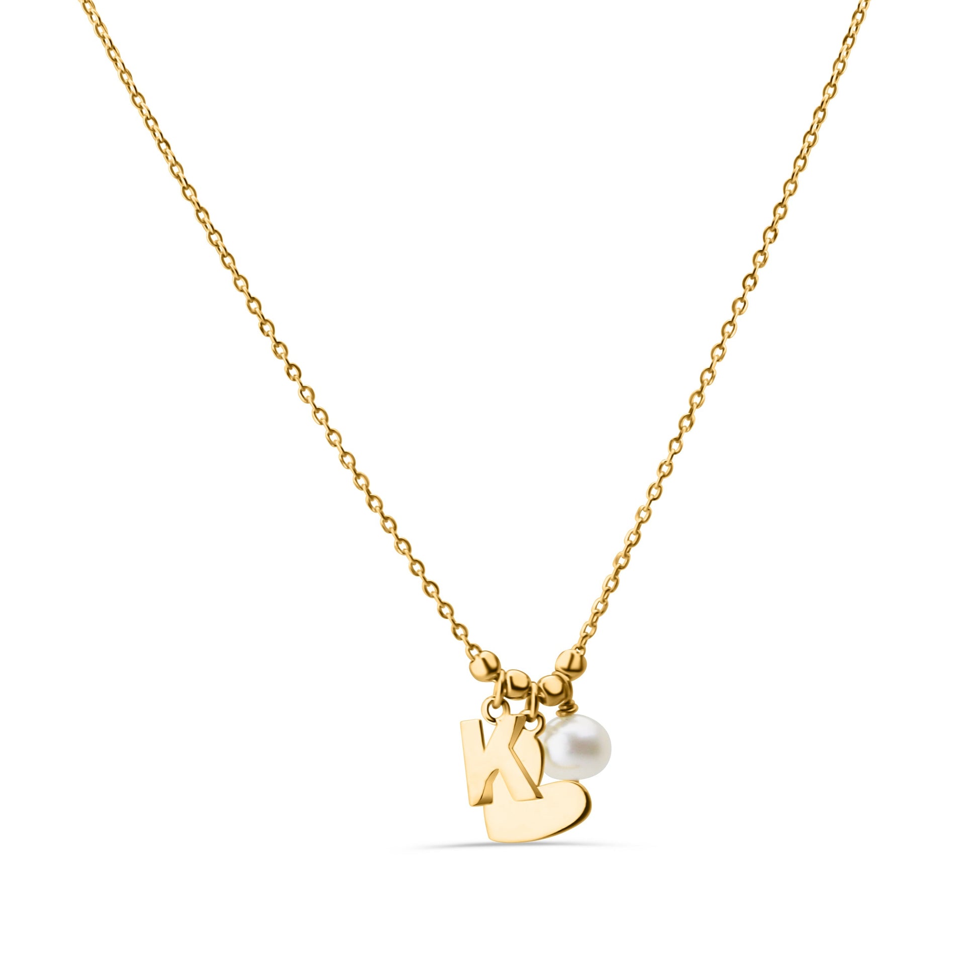 GIOVE MIO Cadena con Dijes de Corazón, K y Perla en Plata 925 Bañada en Oro Amarillo de 18Kt con Perla. Plata 925 Bañada en Oro 18Kt / Amarillo / 9X8MM